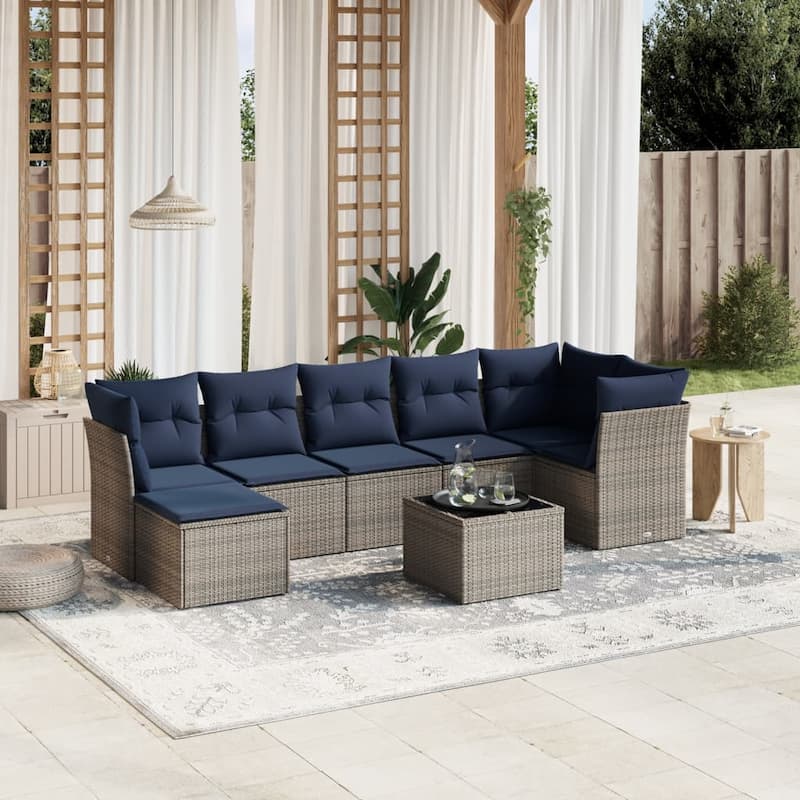 vidaXL Patio Sofa Set with Cushions Outdoor Conversation Furniture Poly Rattan - 24.4" x 24.4" x 27.2" - Gray with table