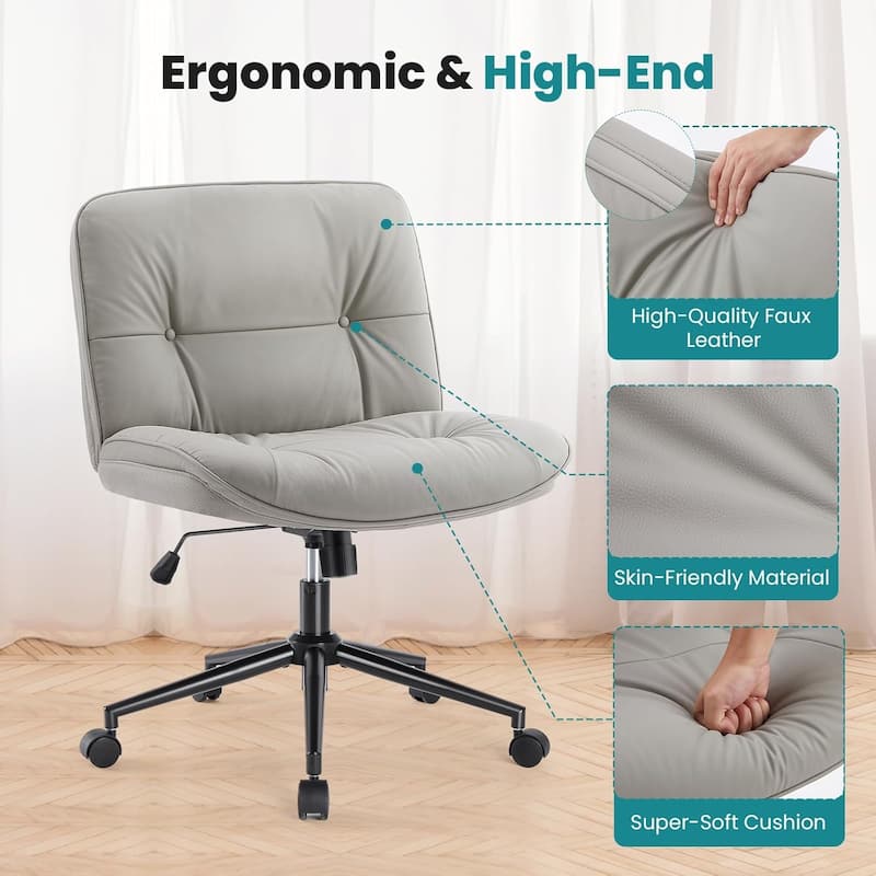 Criss Cross Chair with Wheels, Legged Home Office PU Leather Wide Armless Desk Seat - 27"D x 26.4"W x 34.8"H