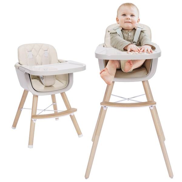 slide 2 of 24, 3-in-1 High Chair, Baby High Chair w/Adjustable Legs & Dishwasher Safe Tray, Made of Sleek Hardwood & Premium Leatherette Beige
