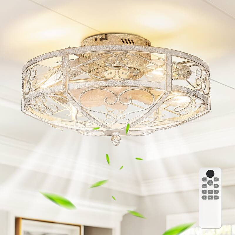 20 Inch Indoor White and Gold Low Profile Cage Ceiling Fan with Light - 20 Inches