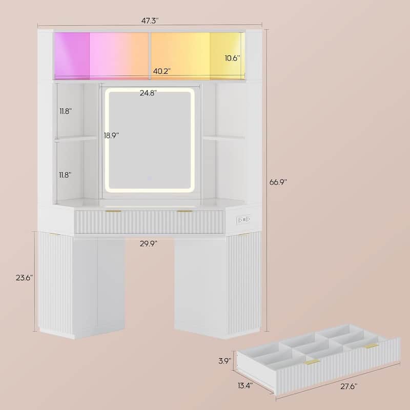 Corner Vanity Desk with Lighted Mirror Drawers Shelves Storage Stool