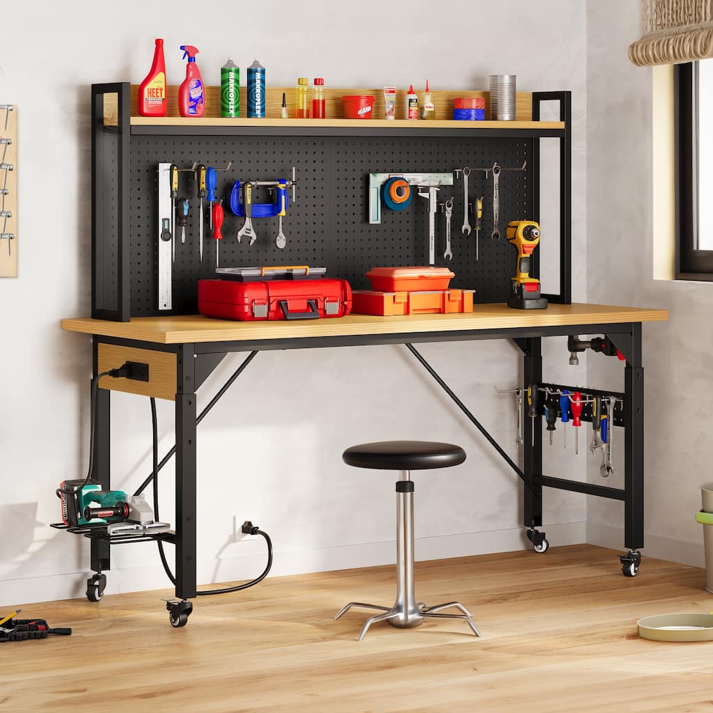 Moasis Multifunctional Workbench 59x23" with Pegboard Worktable and Power Outlets