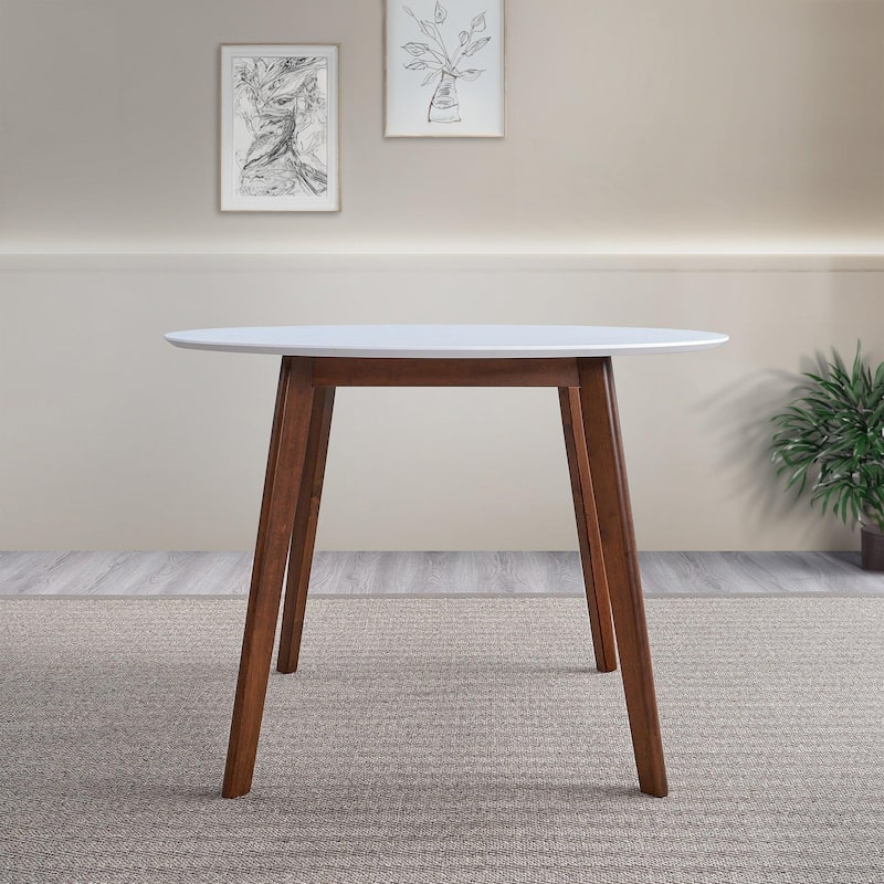 Minimalist Mid Century Modern White Top Dining Table with Solid Wood Legs and MDF Tabletop 39.4" for Kitchen, Dining Roo