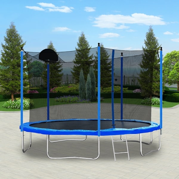 slide 2 of 9, 12FT Trampoline with Ladder, Basketball Hoop, and Safety Enclosure Net for Adults and Kids - Blue Blue