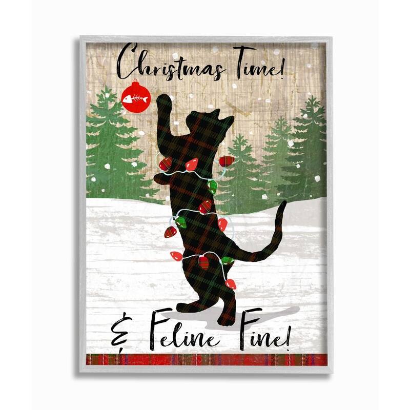 Stupell Country Holiday Christmas Time Phrase Family Cat Scene Framed Wall Art - 11 x 14 - Grey