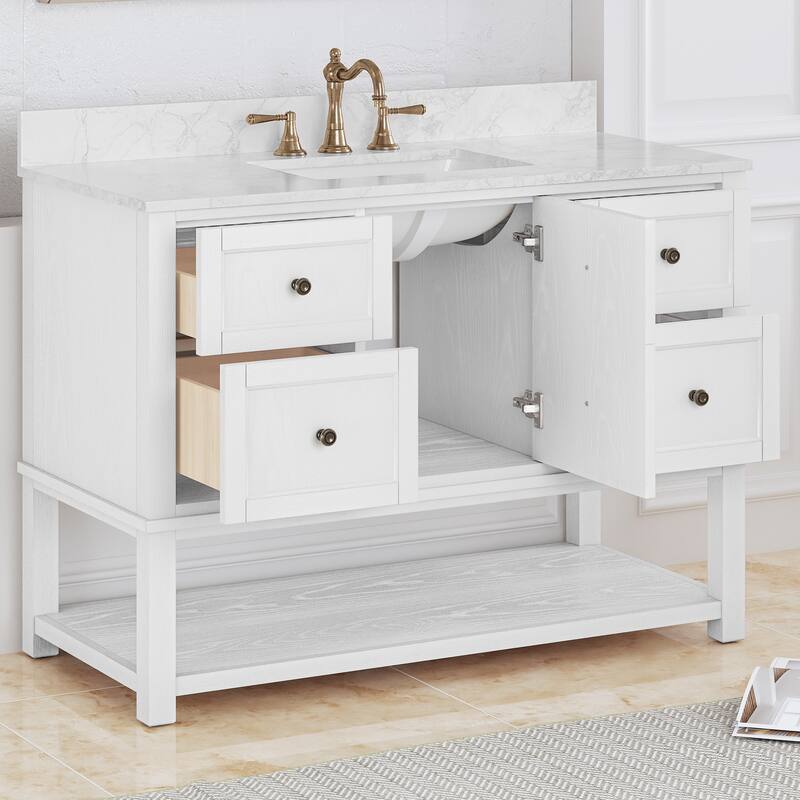 48" Bathroom Vanity with Sink, Marble Countertop Single Bathroom Vanity with 6 Drawers, White