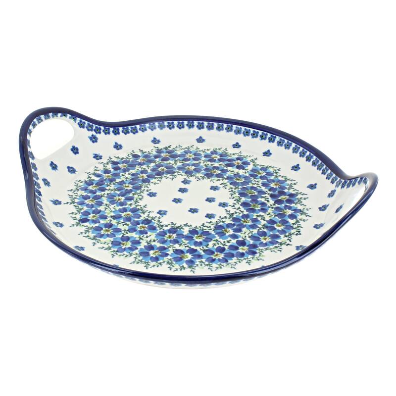 Blue Rose Polish Pottery 1333 Zaklady Round Serving Tray with Handles - Kalina