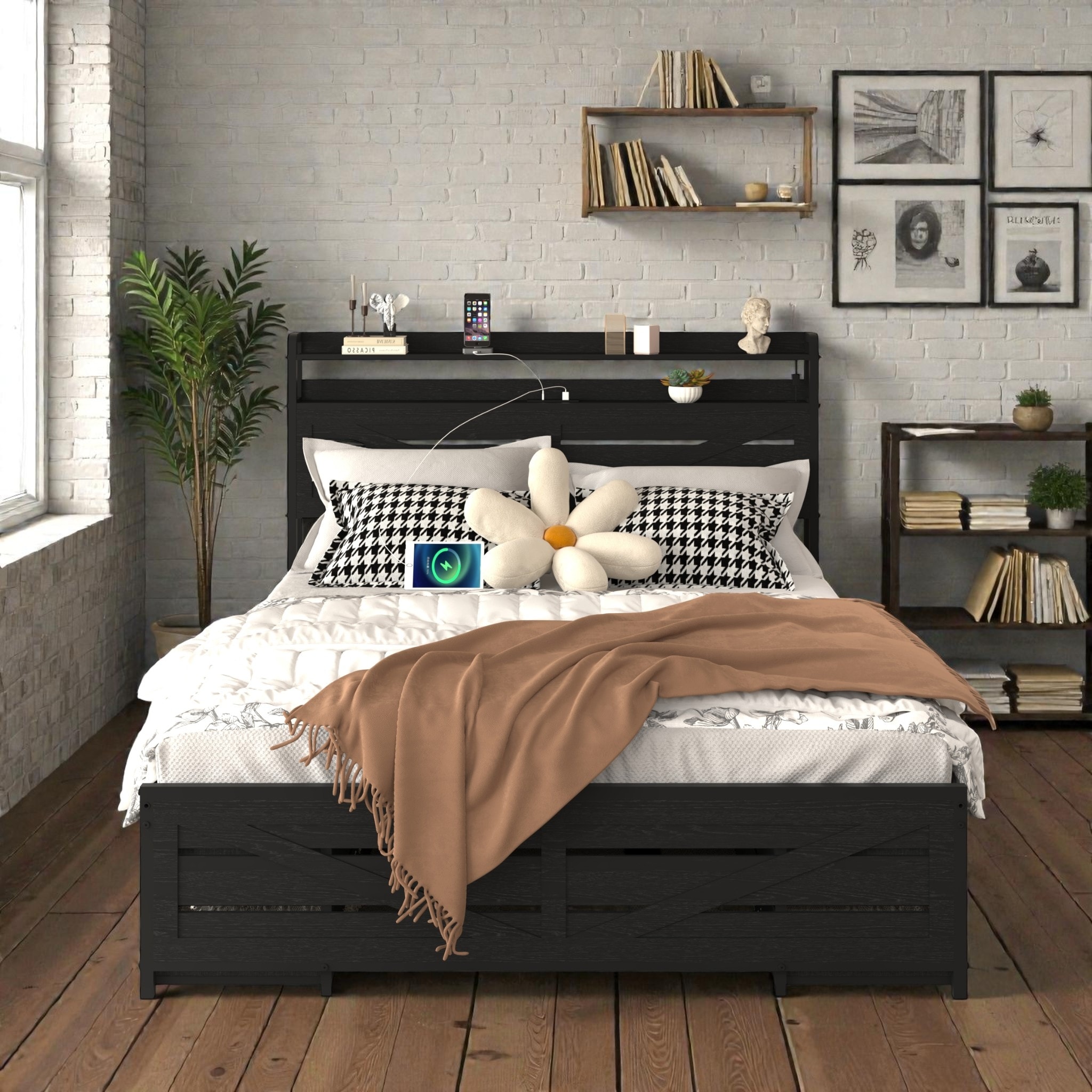 Full Size Bed Frame with Storage Headboard and 12 Drawers, LED Lights, Metal Platform Bed No Box Spring