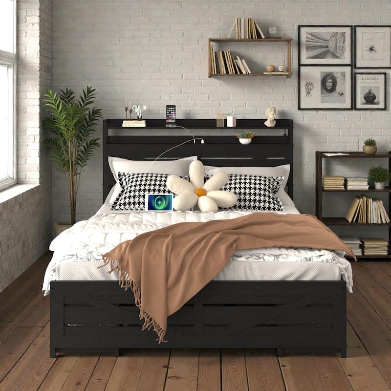 Full Size Bed Frame with Storage Headboard and 12 Drawers, LED Lights, Metal Platform Bed No Box Spring - Black - Full