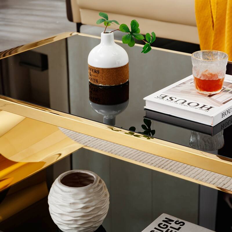 Modern Oval 2-Tier Coffee Table End Table with Gold Stainless Steel Frame, Accent Table Dining Table with Tempered Glass