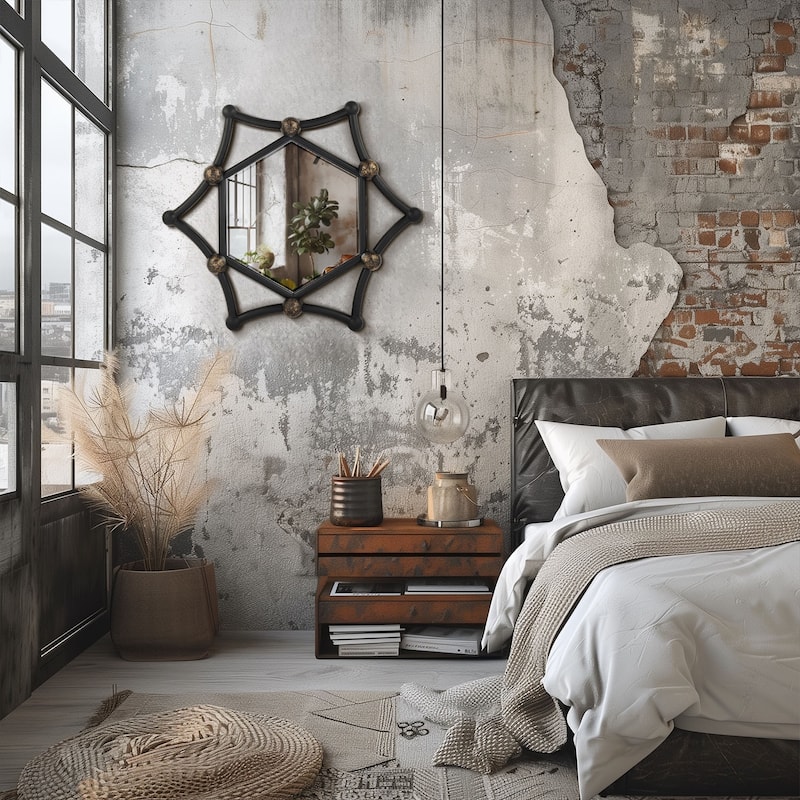 MacLuu Industrial Hexagon Black Metal Pipe Mirror for Wall Decor - 35.43" W x 35.43" H x 2.76" D