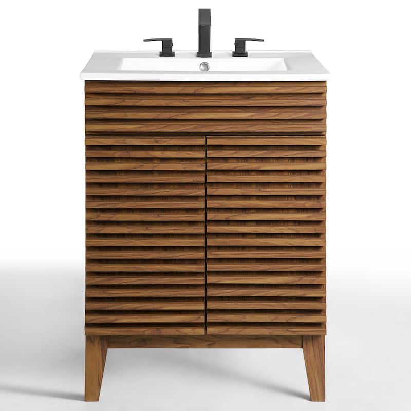 Render 24 Inch Mid-Century Bathroom Vanity With Sink in Walnut White