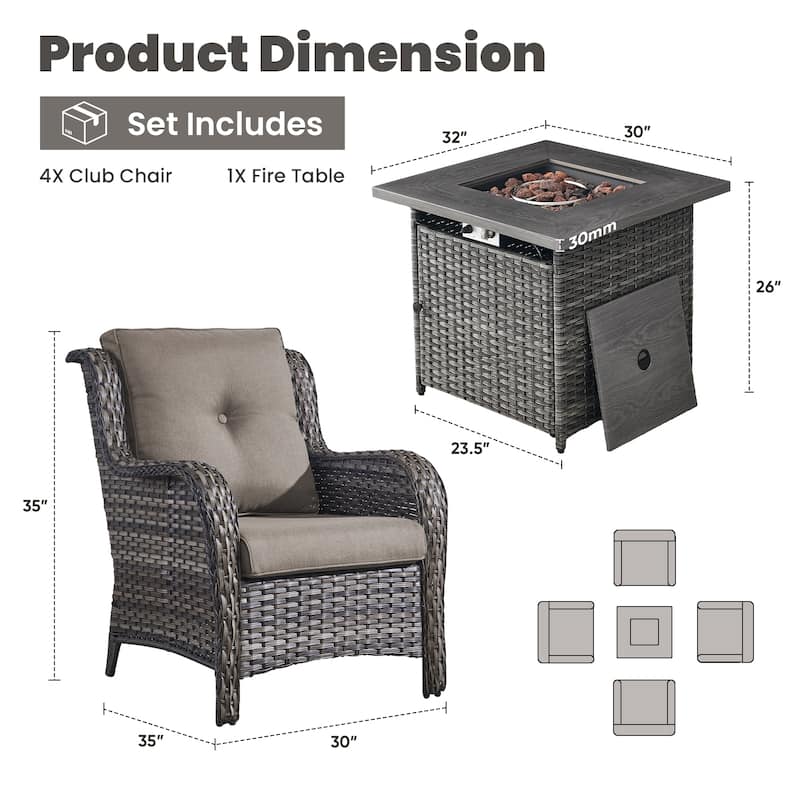 Gymojoy 5-Piece Outdoor Wicker Patio Furniture with Fire Pit Table, Rattan Coversation Set with Water Resistant Thick Cushions