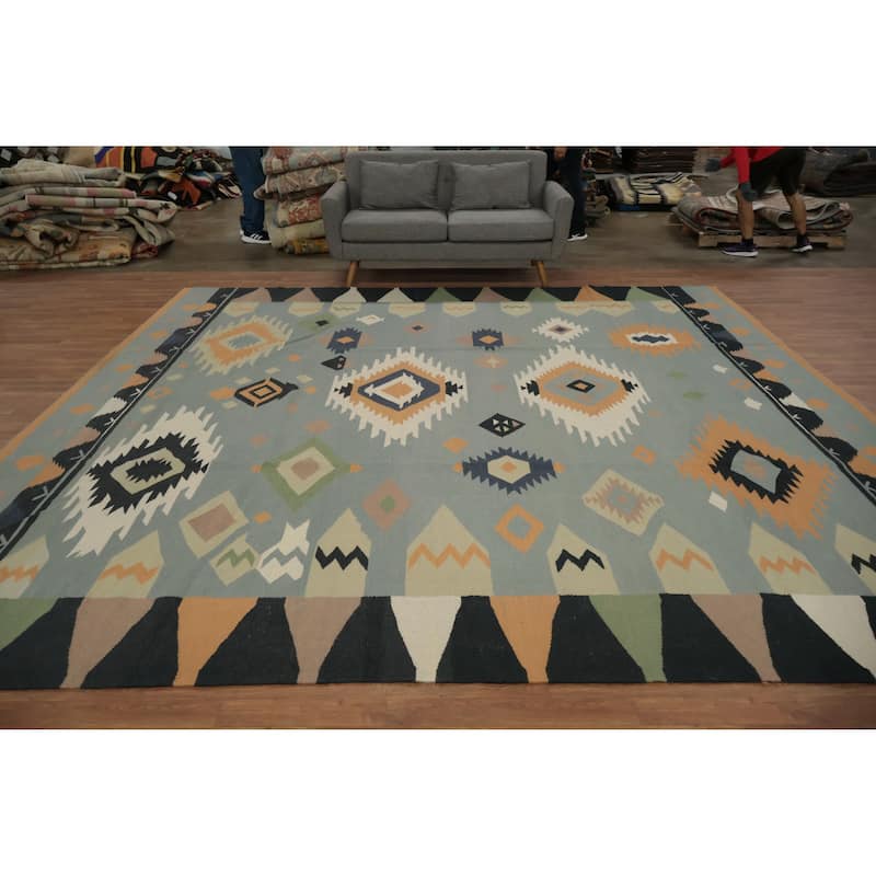 Hand Woven Oriental 100% Wool Carpet Southwestern Tribal Greys & Charcoal Kilim Area Rug - 12' 0'' X 12' 0''