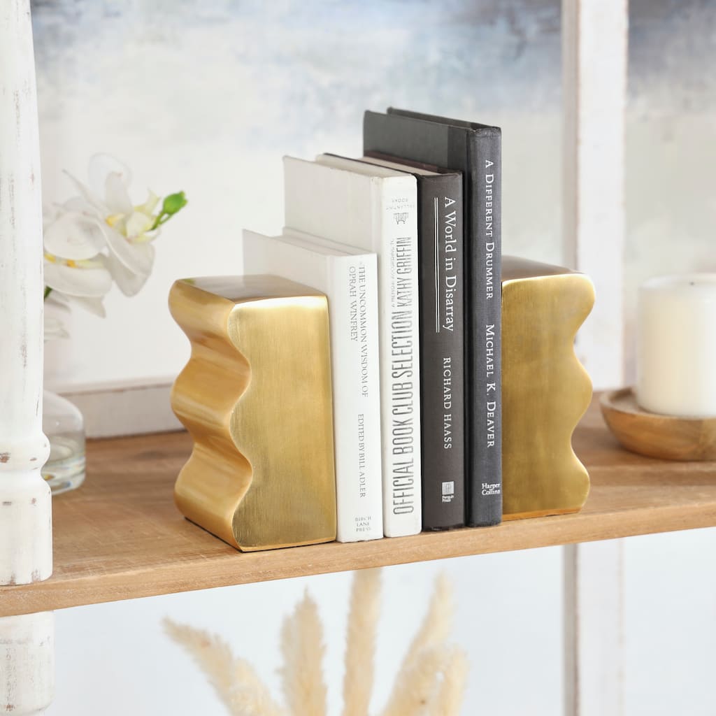Gold Aluminum Metal Wave Inspired Decorative Bookends (Set of 2)