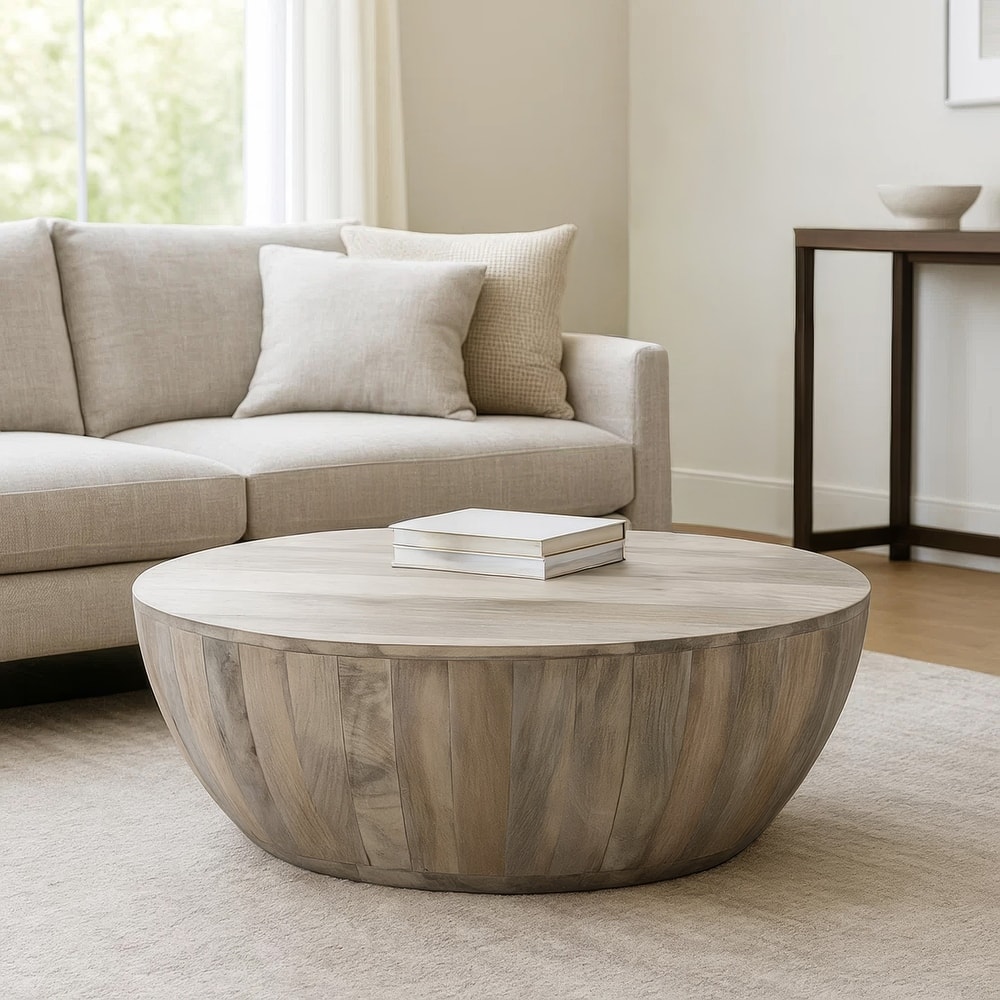 Arthur 35.5 Inch Round Mango Wood Coffee Table Subtle Grains