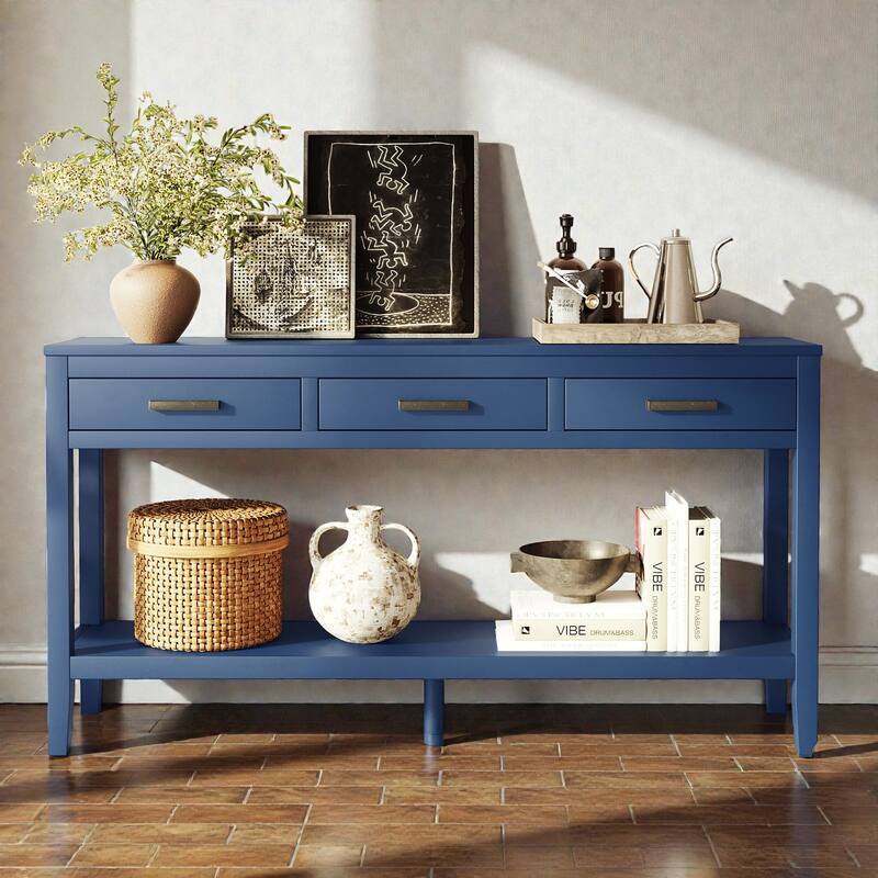 59.1 Inch Farmhouse Console Table with 3 Drawers and Bottom Shelf, Painted Entryway Sofa Table - Navy Blue