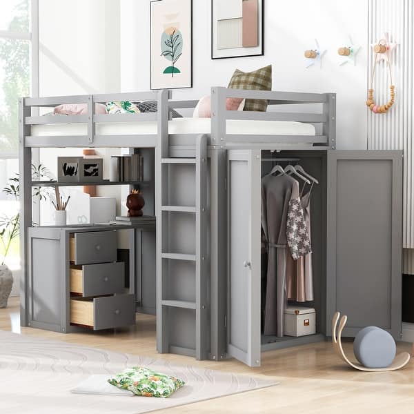 slide 2 of 18, Twin size Loft Bed with Drawers, Desk and Wardrobe, Grey Grey