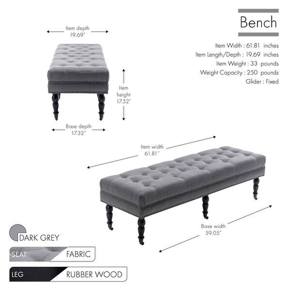 dimension image slide 1 of 2, Porthos Home Juna Fabric Accent Bench with Rubberwood Legs and Wheels