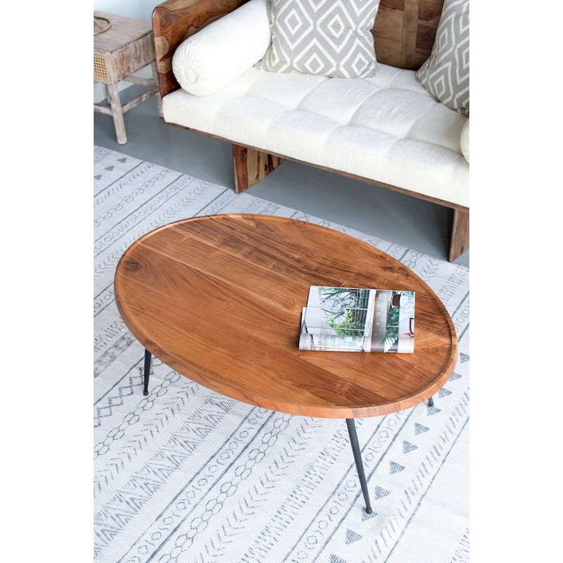 GDFStudio - Oval Coffee Table with Natural Acacia Wood Top and Iron Frame - 40.4"
