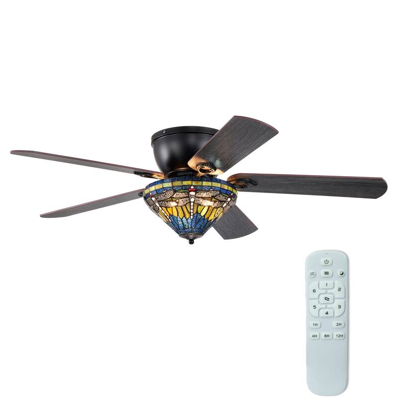 Penana 52-Inch Flushmount Lighted Ceiling Fan Green Blue Dragonfly Tiffany Glass Lamp Black Finish - Green-Blue