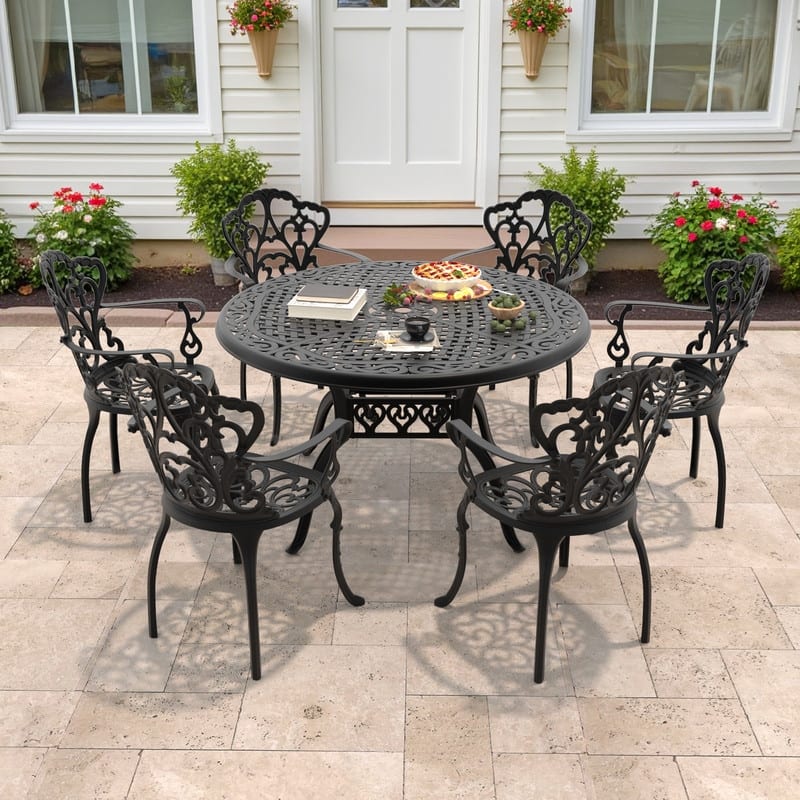 5/7-Piece Cast Aluminum Outdoor Dining Set with 48.03 in. Round Table and Cushions
