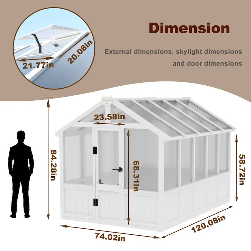 VEIKOUS Cedar Wood Frame Greenhouse with Polycarbonate Panels, Outdoor Walk-in Greenhouse with Adjustable Ventilation, White
