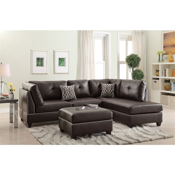 Faux Leather Reversible Sectional Sofa with Ottoman and Nailheads