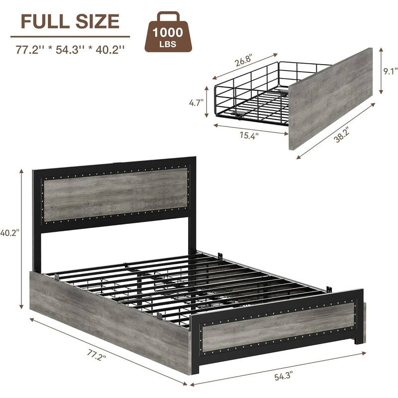 Platform Bed with Headboard, 4 Storage Drawers & Charging Station, Rivet Detail, Metal Slats, Gray