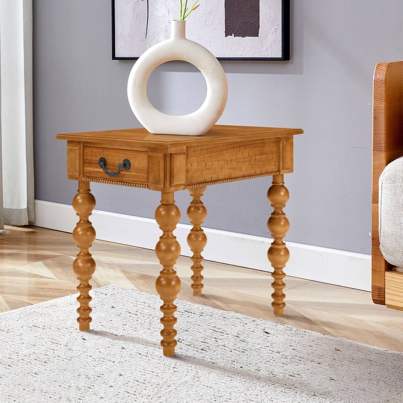 Retro 24" Solid Wood End Table with Drawer Easy Assembly Vintage Narrow Sofa Side Table for Living Room