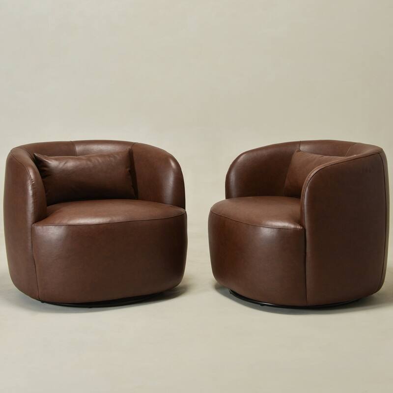 KINWELL 34" Wide Swivel Faux Leather Barrel Armchair Upholstered PU Leather Accent Chairs for Living Room Office Lounge