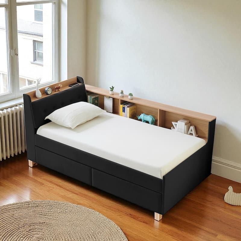 Twin Size Velvet Upholstered Daybed with Storage Headboard, 2 Drawers, Wireless Charging & LED Lights - Black - Twin