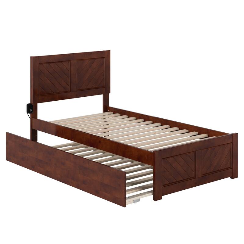 Twin Platform Bed with Trundle & Headboard Footboard - Walnut Finish Bedroom Furniture