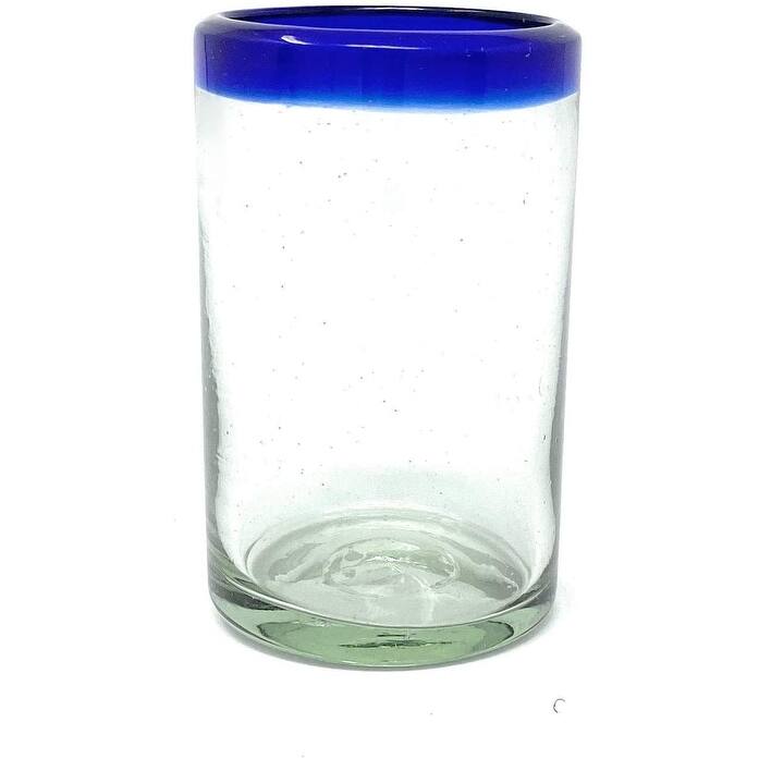 Dos Sueños Hand Blown Mexican Drinking Glasses - Set of 6 Juice Glasses with Cobalt Blue Rims (8 oz each)