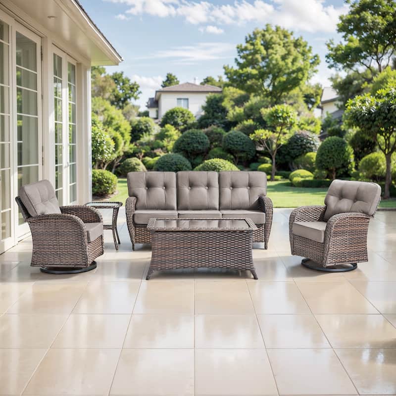 TWrap 5-Piece Patio Brown Wicker Sofa Conversation Set with 5-Inch Thick Cushions - Brown/Gray - 5-Piece