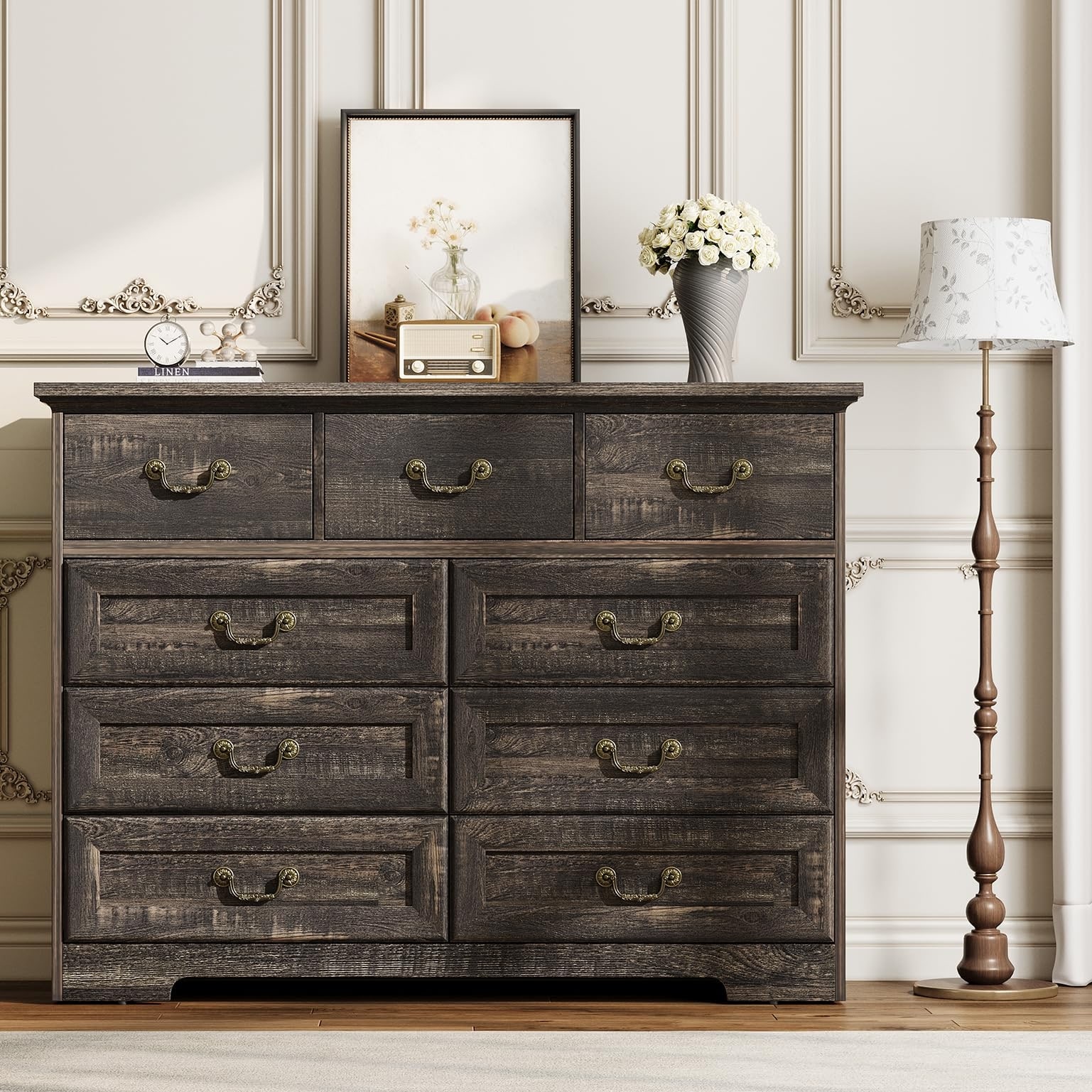 9 Drawer Farmhouse Dresser with Metal Handles, 47" Wide Wood Storage Chest for Bedroom Hallway
