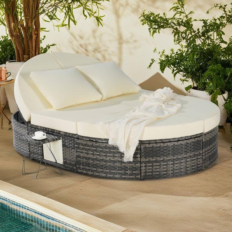 Outdoor Patio Rattan Round Daybed Sunbed with Adjustable Backrests and Foldable Cup Trays