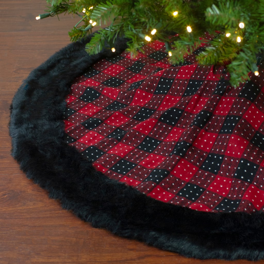 48" Red and Black Plaid with Polka Dots Christmas Tree Skirt - 48