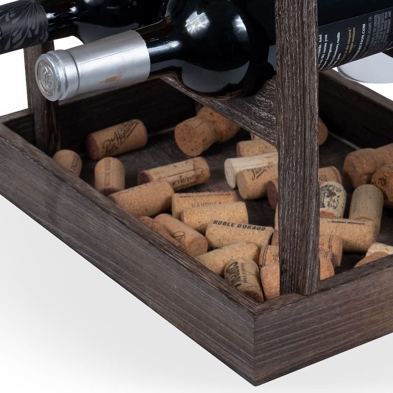 Rustic State Yapincak Burnt Brown Table Top Wine Rack with Stemware Holder and Cork Storage