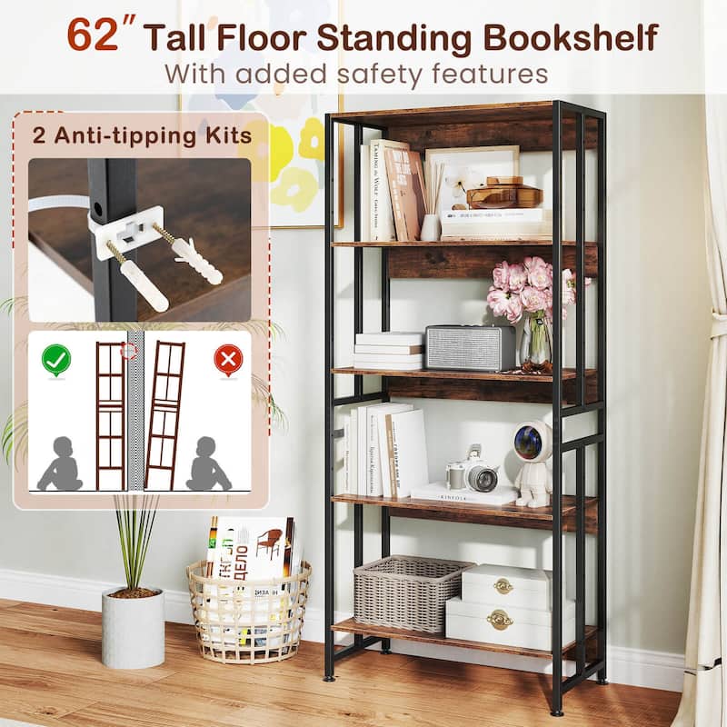 Costway 1/2 PCS 5 Tier Bookshelf 62" Tall Bookcase with Tiltable