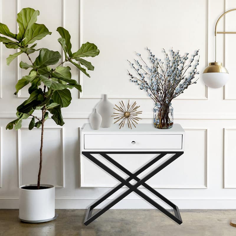 Wooden End Side Table Nightstand with Glass Top, Drawer and Metal Cross Base