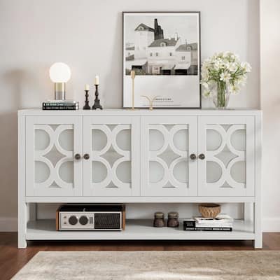 Elegant Retro Console Table/Sideboard with Mirrored Doors, Shelves, Acacia Wood Legs, Perfect for Home Living, Antique Navy