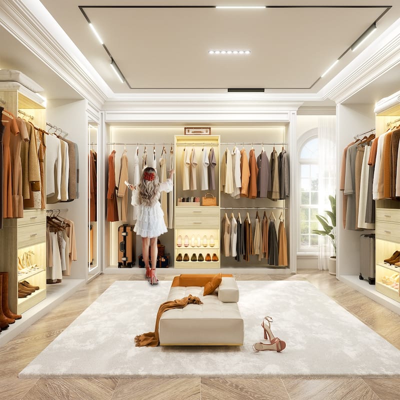 69-96" W Adjustable Closet System with 2 Wooden Drawers and 2 Hanging Rods,Closet Organizer with Shoe Rack for Walk-in/Reach-in