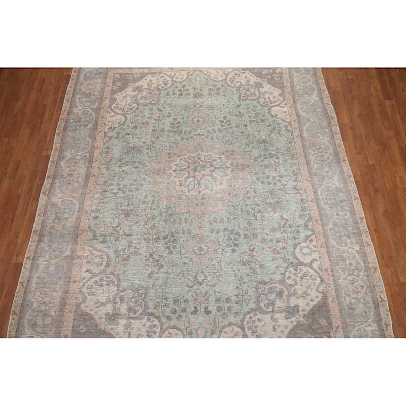 Hand Knotted Oriental 100% Wool Carpet Traditional Floral Green Tabriz Area Rug - 11' 7'' X 8' 1''