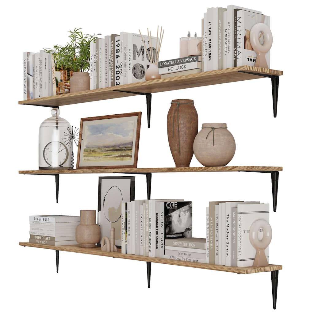 Wallniture Cervo 60" x 10" Floating Shelves for Wall Decor, Farmhouse Shelves, Wall Mounted, Kitchen Decor, Burnt, 3 Pcs