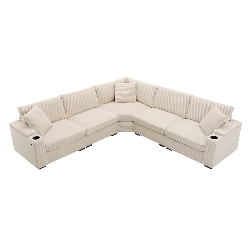 Convertible L Shaped Sectional Sofa, Oversized Corduroy Upholstered Sofa, Modular Corner Sofa with Cup Holders & USB Charger