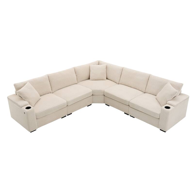 Roomfitters 106'' Convertible L-Shaped Sectional Sofa, Corduroy Corner Couch with Armrest Storage, Cup Holders, USB Charger