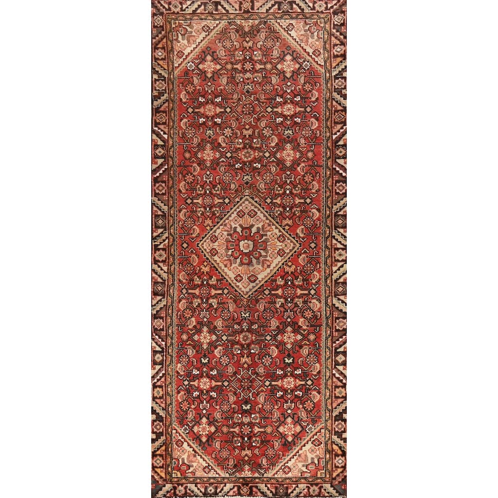Hand Knotted Oriental 100% Wool Carpet Traditional Geometric Red Hamedan Runner Rug - 10' 3'' X 3' 4''