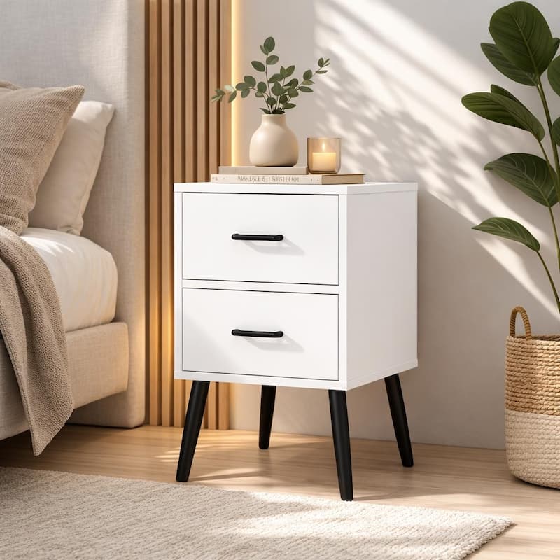 Anmytek 2-Drawer White Nightstand Modern Bedside Table with Metal Legs and Handles