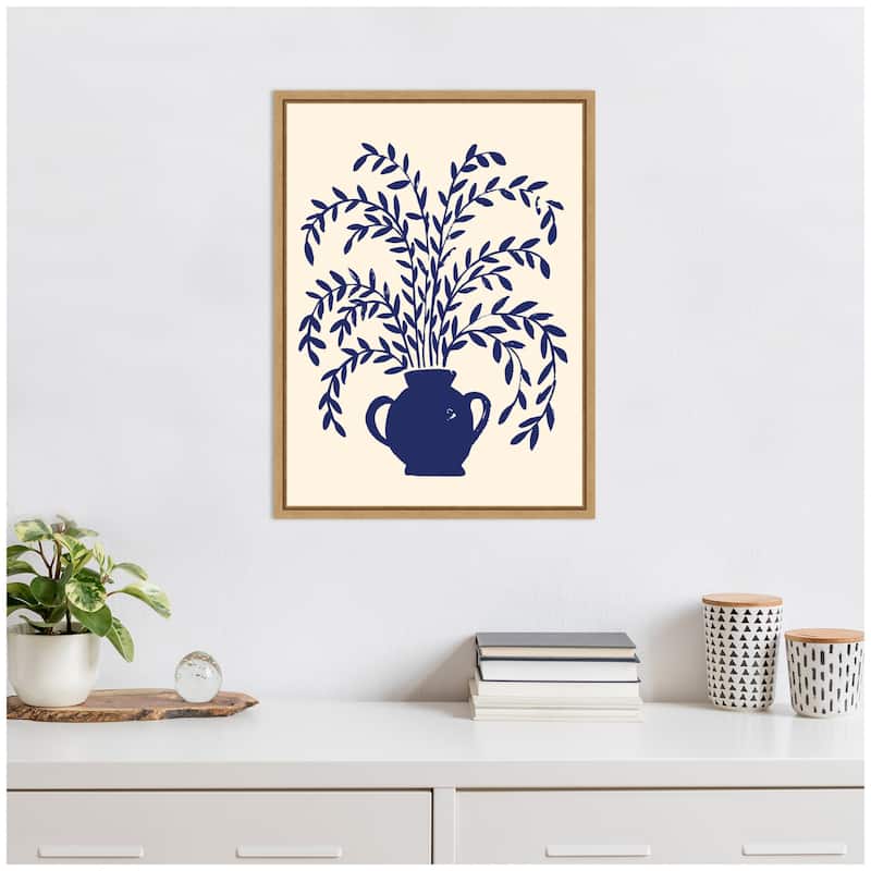Kate and Laurel Blue Botanical Vase Aurelia 009 by Vicky Yorke Framed Canvas Wall Art Print